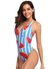 Women Watermelon Print Striped V-Neck Backless One Piece Hot Swimwear