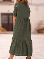 Women Long Adjustable Sleeve Button Pleated Solid Shirt Casual Maxi Dress