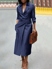 Women Denim Nine Points Sleeve Lapel Regular Fit Midi Dress With Pocket