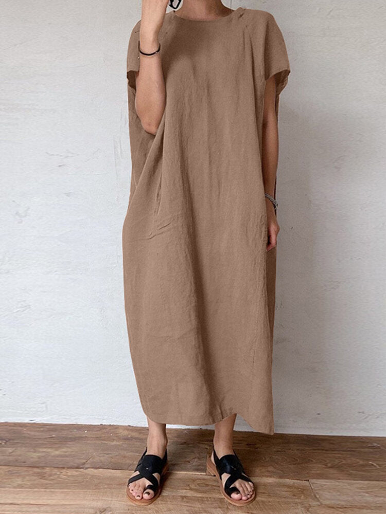 Solid Pocket Cotton Round Neck Casual Maxi Dress