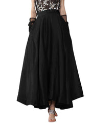 Vintage Solid High Elastic Waist Side Pocket Big Swing Pleated Skirts