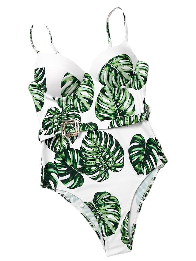 Women's Swimwear One Piece Monokini Bathing Suits Normal Swimsuit Tummy Control Open Back Printing High Waisted Leaves Green Red Strap Bathing Suits Sexy Vacation Fashion / Modern / New