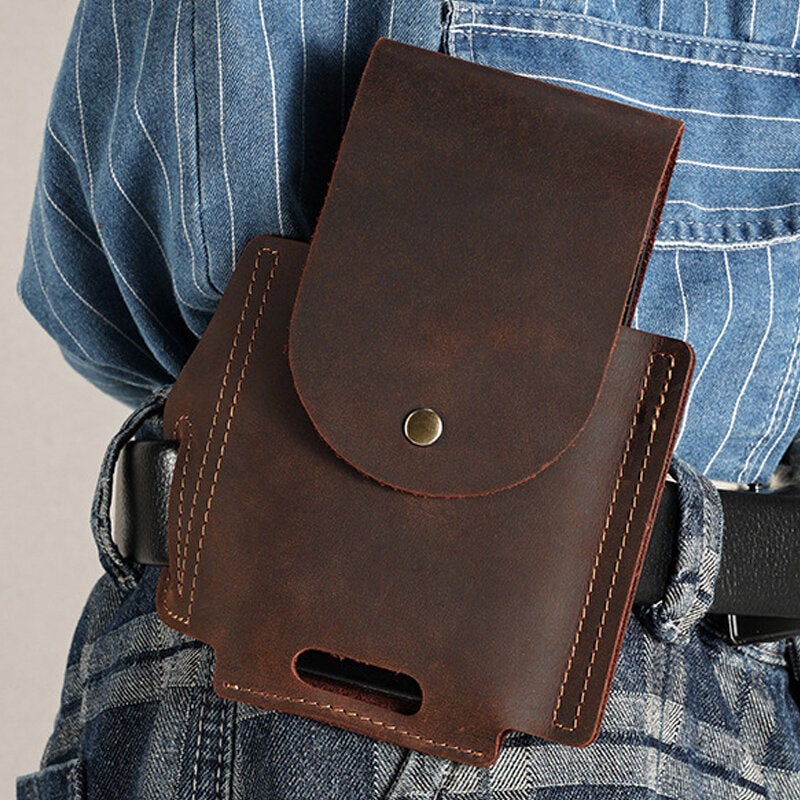 Men Genuine Leather Wear-resistant Outdoor Sport 6.5 Inch Phone Bag Retro Cover Hasp Waist Belt