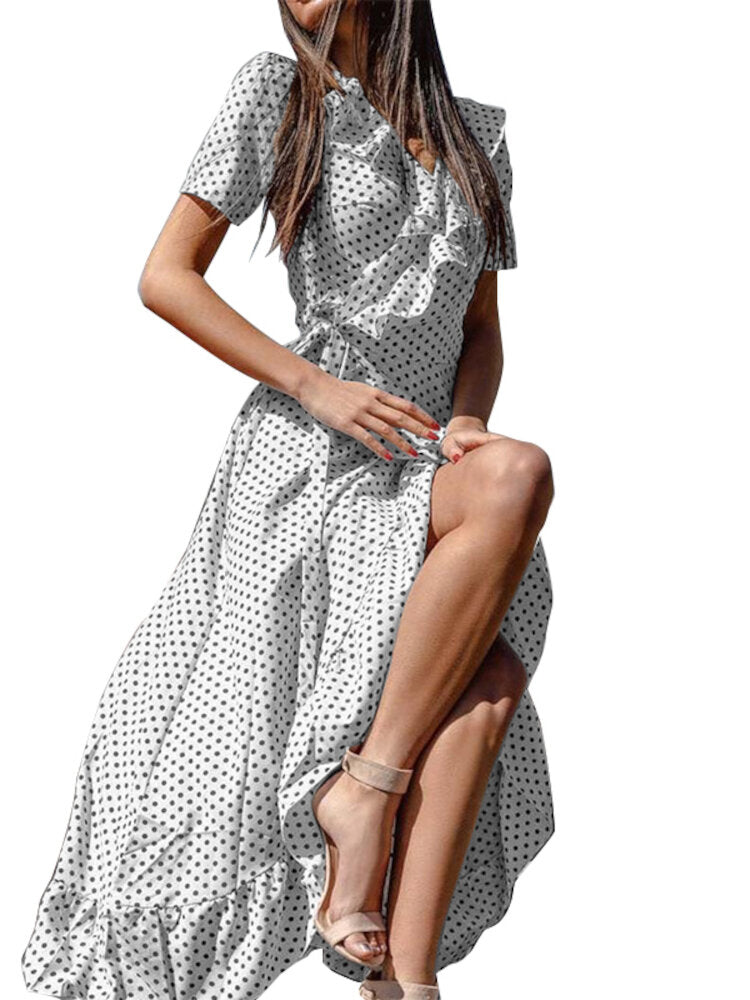 Short Sleeve Drawstring Lace Spliced Printing V-Neck Dress