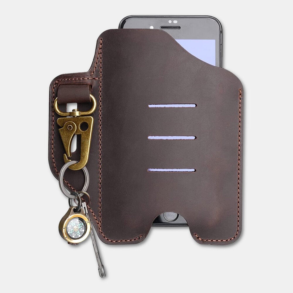 Men Multifunction Short Phone Case With Keychain Genuine Leather Retro Open Belt Bag Waist Bag