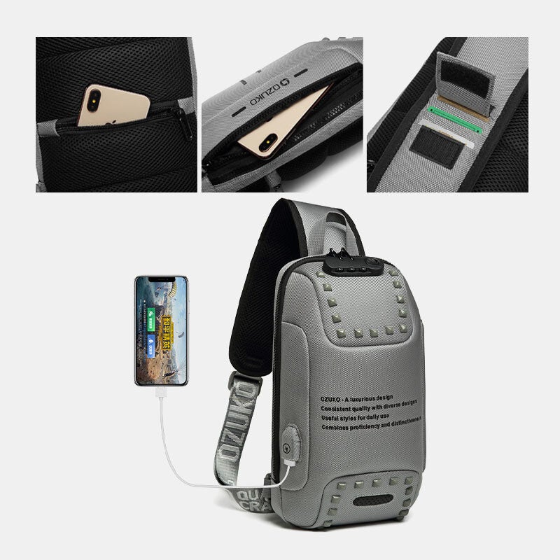 Men Oxford Letter Front Password Lock Anti-theft Design USB Charging Crossbody Bag Multi-pockets Multi-compartments Chest