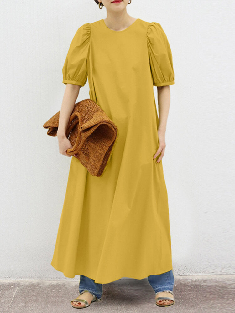 Woman Puff Sleeve Holiday Solid Maxi Dress