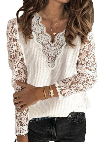 Women Lace Patchwork V-neck Solid Color Casual Sweater