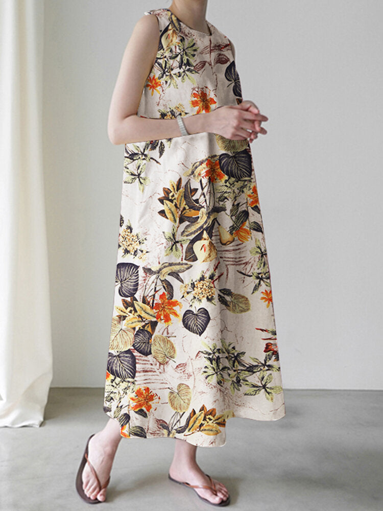 Women Plant Floral Print Sleeveless Loose Maxi Dress With Side Pocket