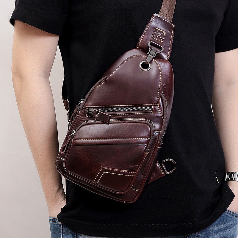 Men Genuine Leather Large Capacity Outdoor Casual Chest Bag Convertible Shoulder Strap Multi-pocket Crossbody