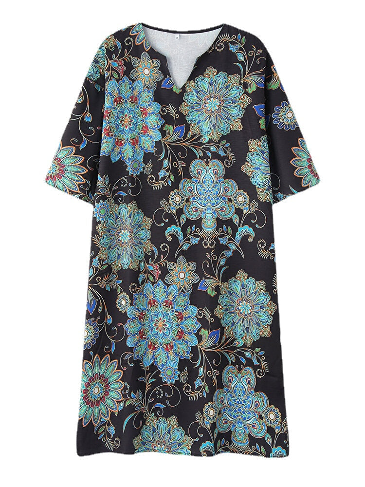 Women Vintage Floral Print Half Sleeve Ethnic Style Midi Dress