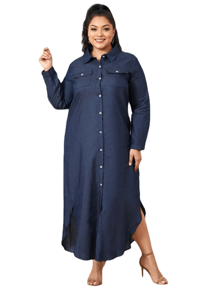 Casual Loose Button Front Irregular Split Hem Denim Maxi Shirt Dress with Front Pockets