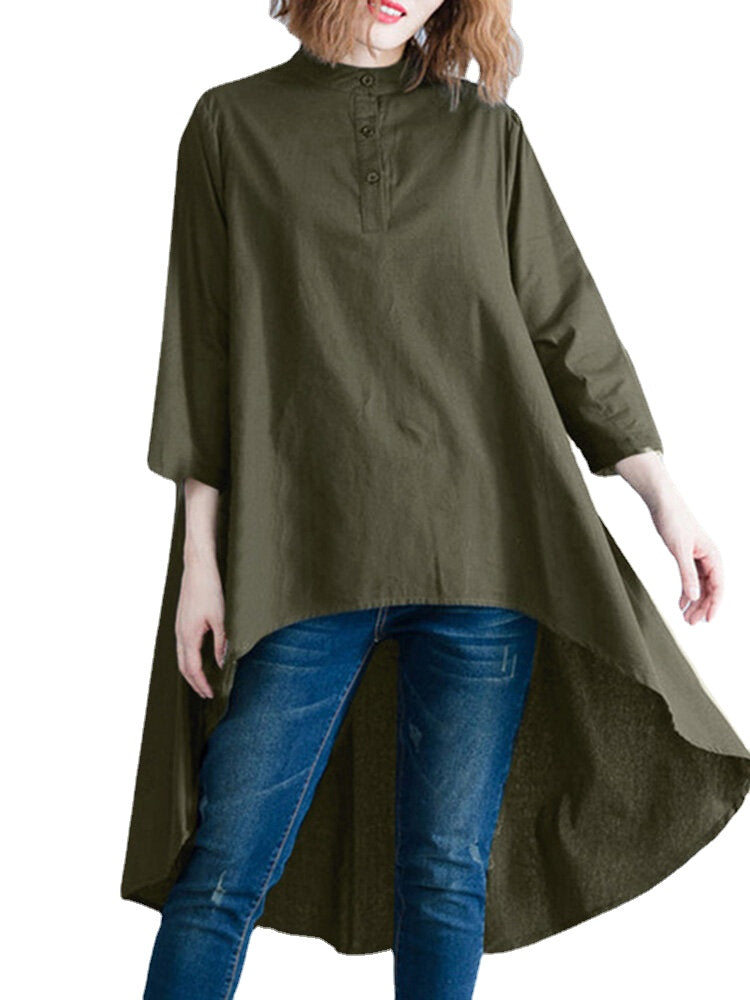 Solid Irregular Hem Button Stand Collar Blouse