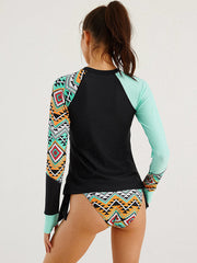 Women Vintage Geometric Print Sunscreen Long Sleeves Surfing String Panty Sports Bikini