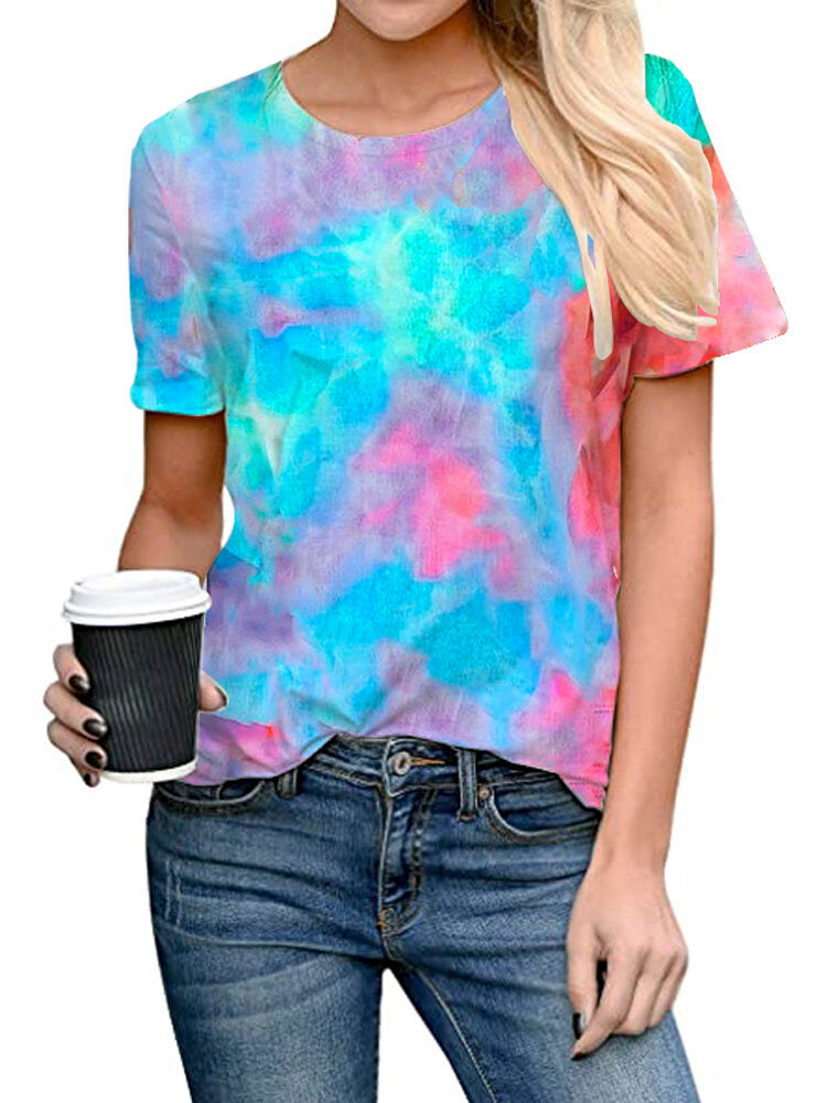 Tie-dye Print Round Neck Short Sleeve Loose Casual T-shirts Women