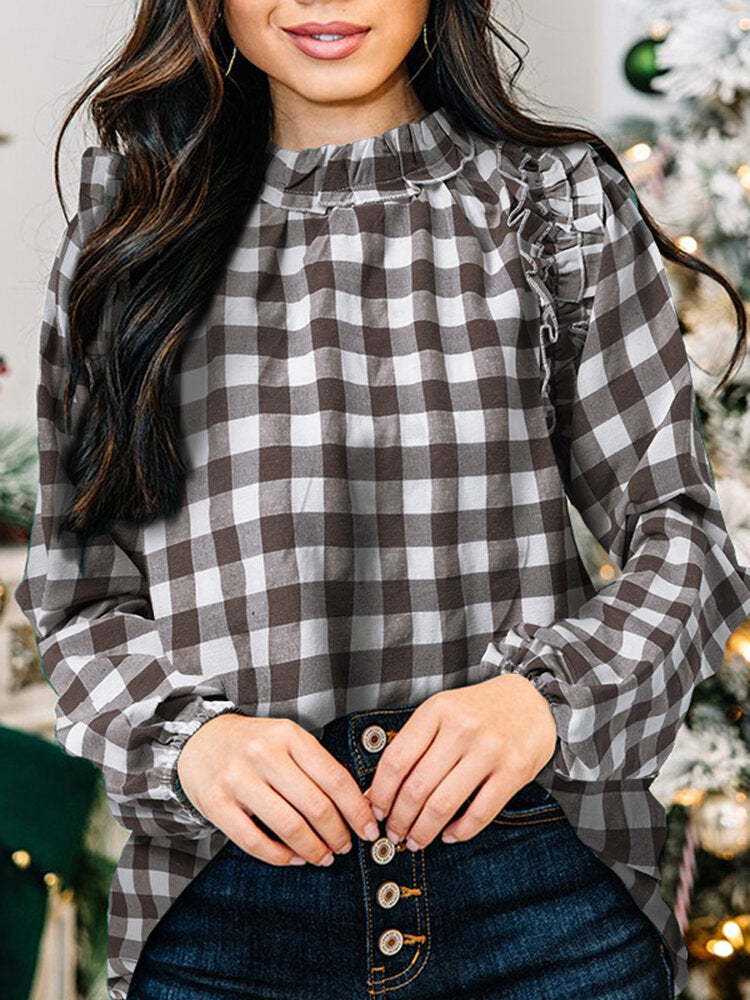 Plaid Long Sleeve Ruffles Casual Blouse For Women