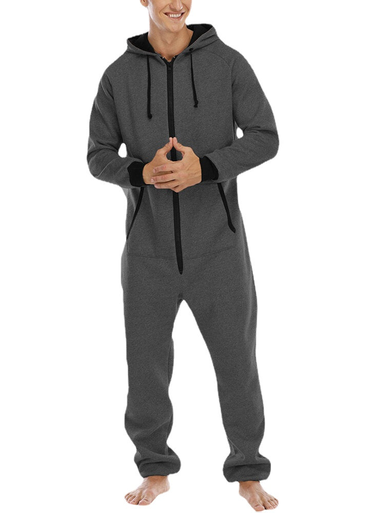 Men Cotton Solid Hooded Pocket Long Sleeve Home Jumpsuit Zipper Sleepwear