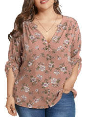 Women V-Neck Floral Print Long Sleeve Plus Size Blouse