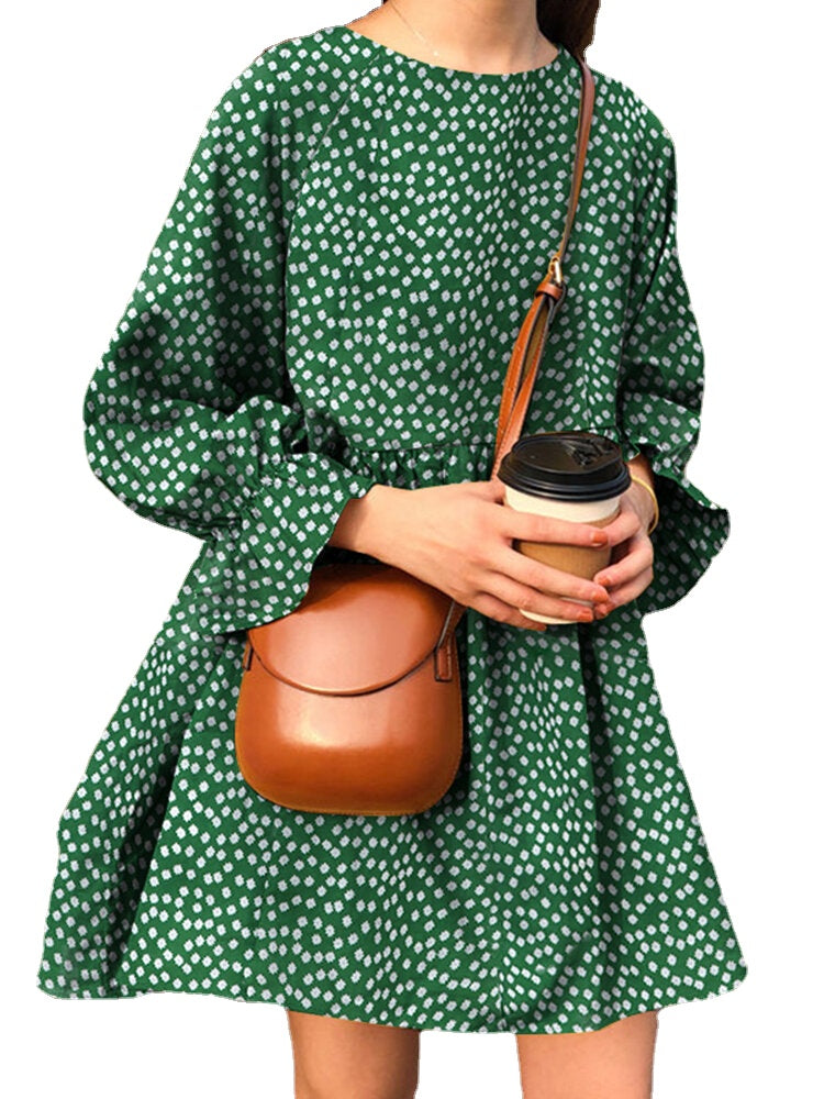 Women Floral Printing Pleating Ruffle Sleeve O-Neck Casual Holiday Mini Dress
