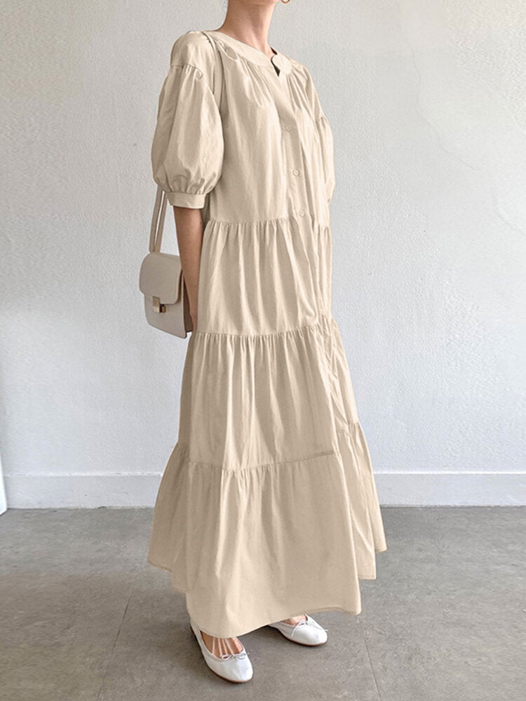 Solid Button Half Sleeve V-neck Loose Casual Maxi Dress