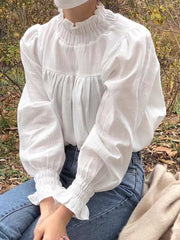 Women Stand Collar Puff Sleeve Pleated Ruffle Trim Long Sleeve Blouse