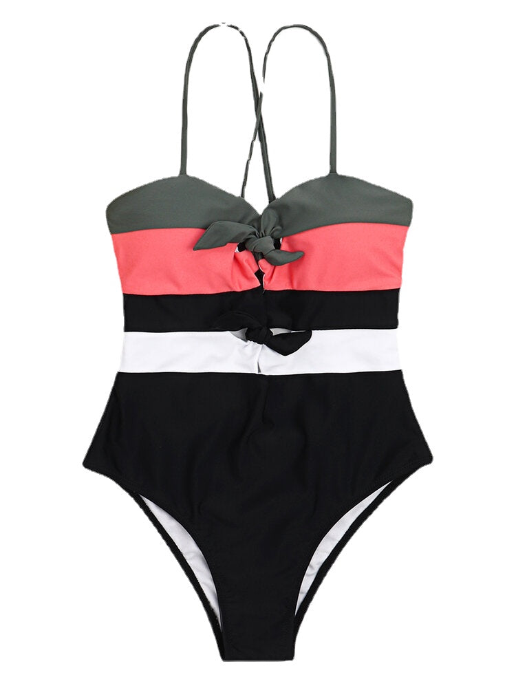 Women Swimwear Color Block Tie Front Tie Back One Piece