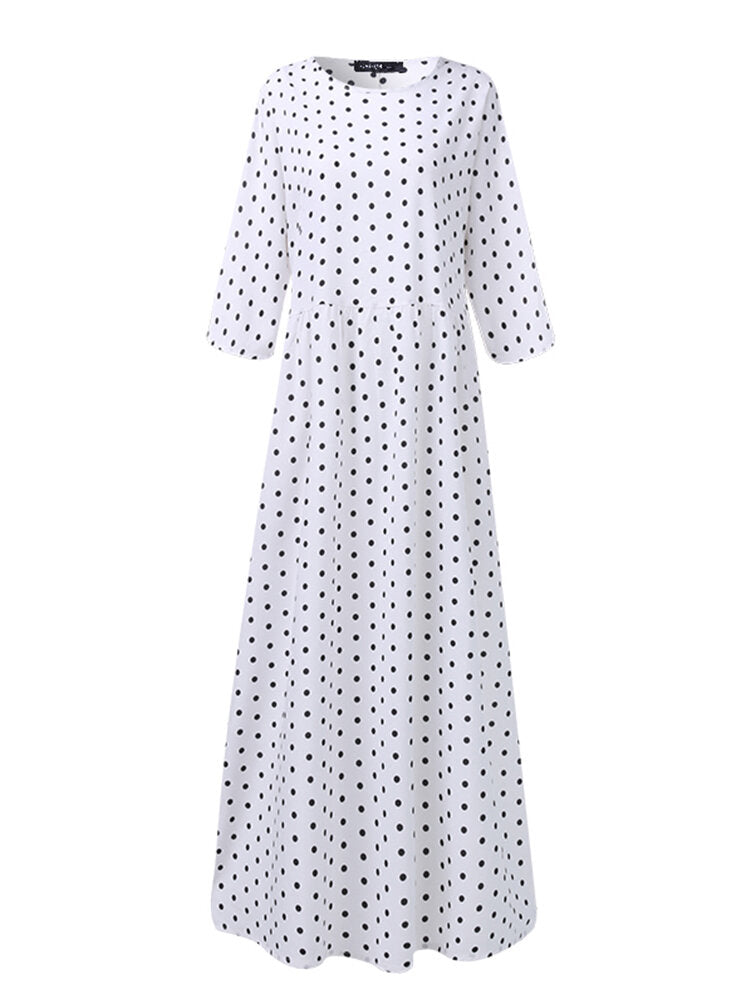 Women Loose O-neck Polka Dot 3/4 Sleeve Maxi Dress