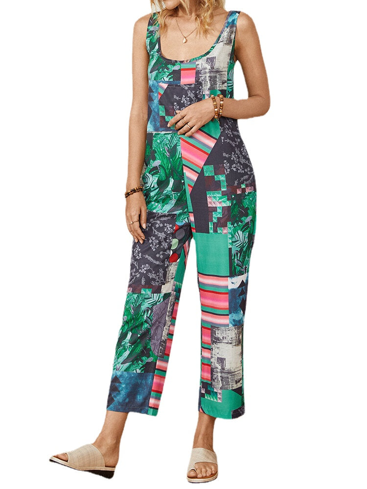Flower Plants Geometric Print Strap Sleeveless Jumpsuit With Pocket