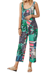 Flower Plants Geometric Print Strap Sleeveless Jumpsuit With Pocket