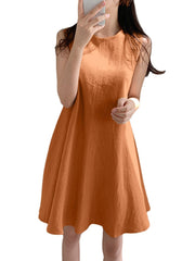 Women Cotton Solid Color Round Neck Sleeveless Casual Midi Dress