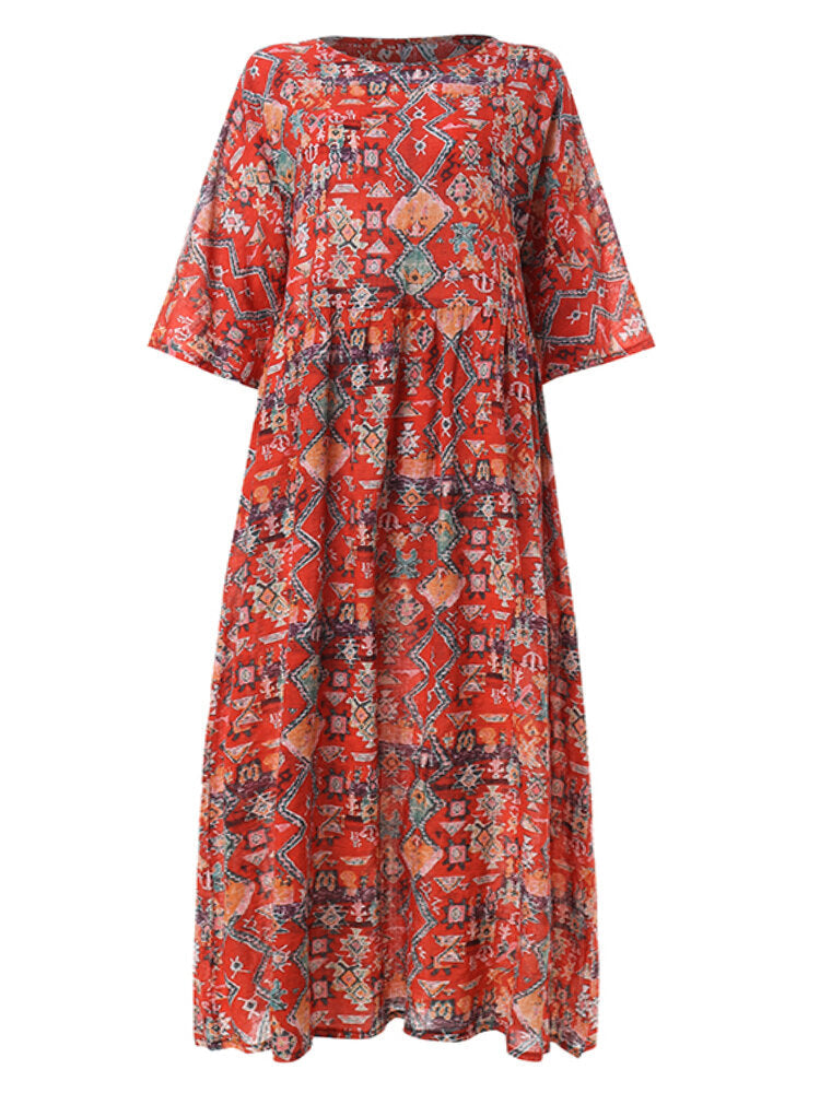 Women Three Quarter Sleeve Bohemia Vintage Print Floral Dress