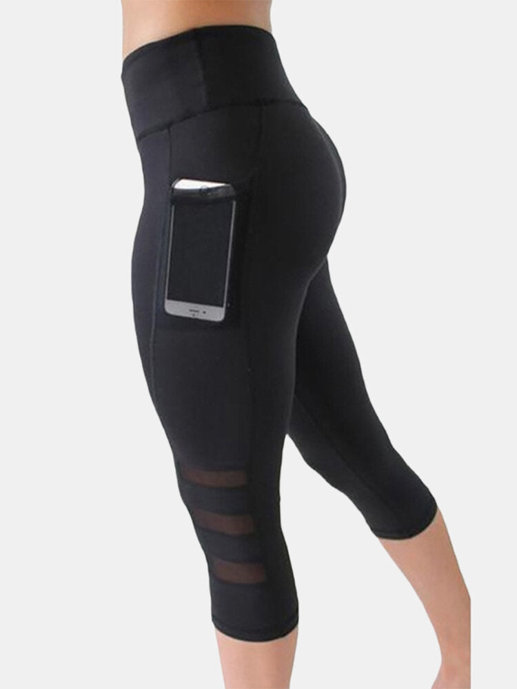 Women Mesh Patchwork Bodycon Cropped Yoga Sport Leggings With Pockets