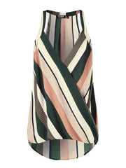 Green Striped Sleeveless V-neck Front Cross Design Halter Tank Top