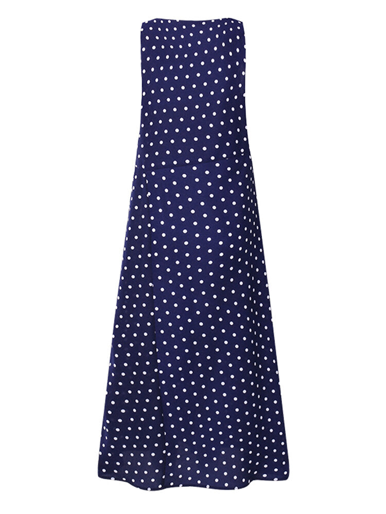 Polka Dot Print O-neck Sleeveless Loose Summer Casual Maxi Dress