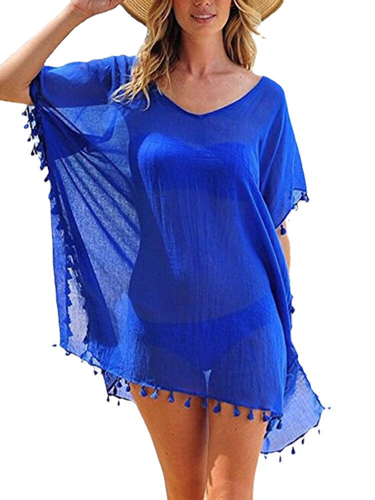 Women Solid Color Translucent Tassel V-Neck Sun Protection Cover Ups