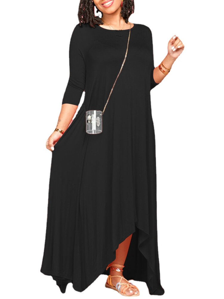 Women Casual Calf Length Side Pocket Irregular Hem Midi Dresses