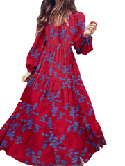 Puff Sleeve V-Neck Floral Loose Casual Dress For Women