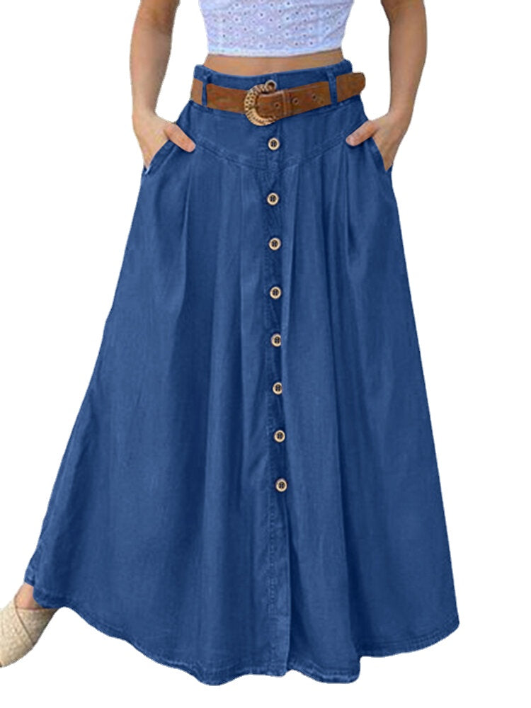 Women Solid Color Bottom Front Loose Casual Long Skirt With Pocket