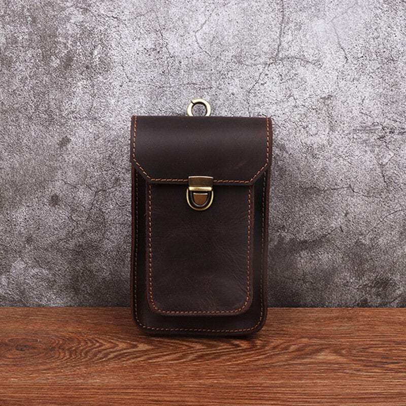 Men Genuine Leather 5.5 6.5 Inch Phone Bag Leather Hanging Waist