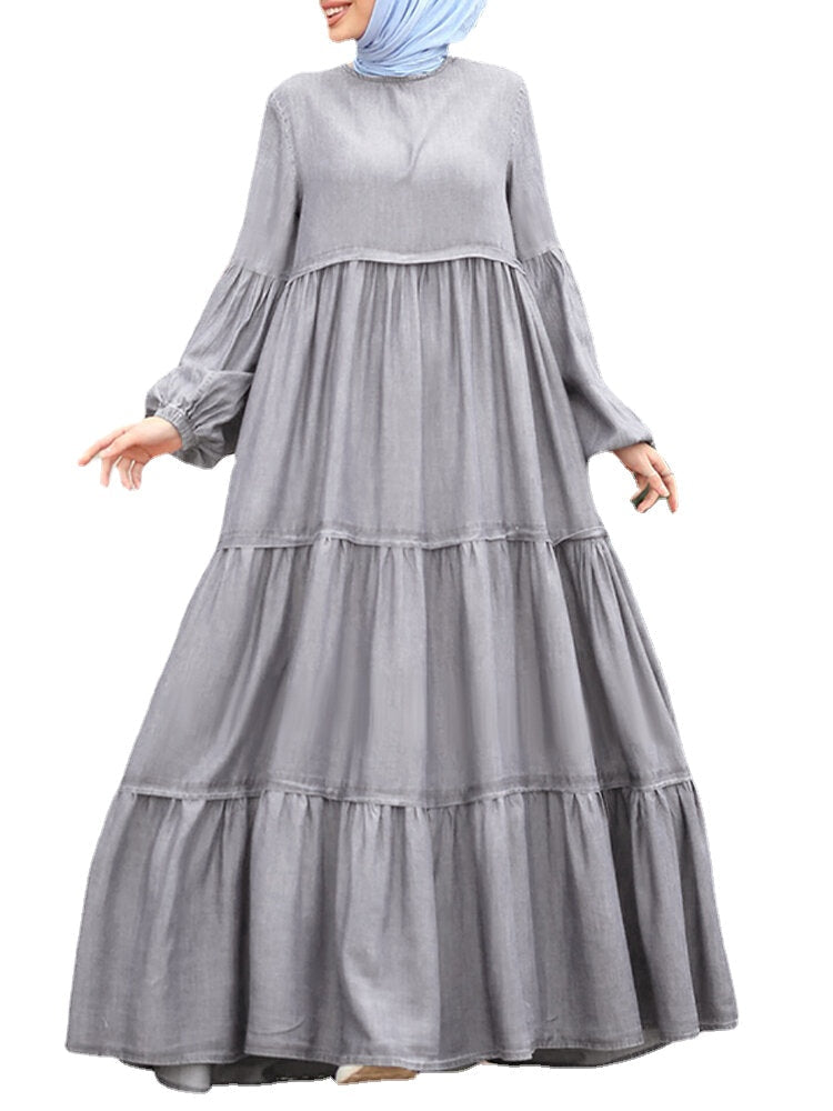 Women Layered Pleats Solid Color Puff Casual Long Sleeve Bohemian Maxi Dress