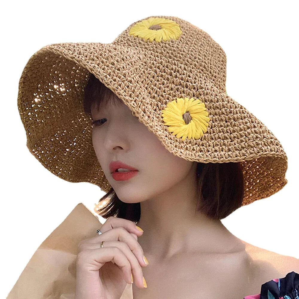 Women Straw Floral Solid Color Elegant Sunflower Big Brim Visor Sun Protection Hat Beach Hat Bucket Hat