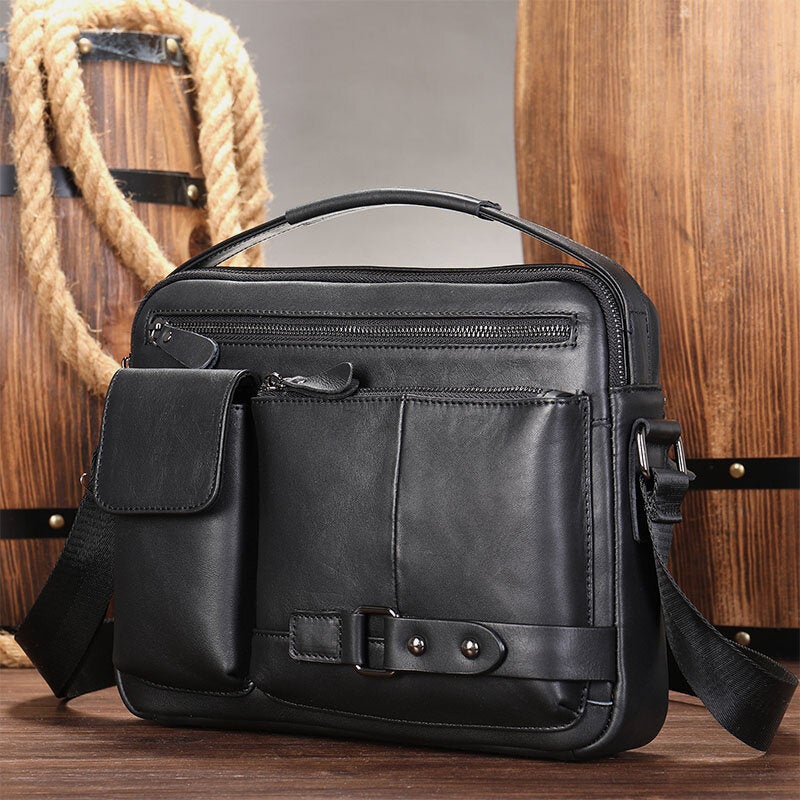 Men Oil Wax Leather Large Capacity Waterproof Messenger Bag Briefcase Multi-pocket Cowhide Crossbody Bags Shoulder