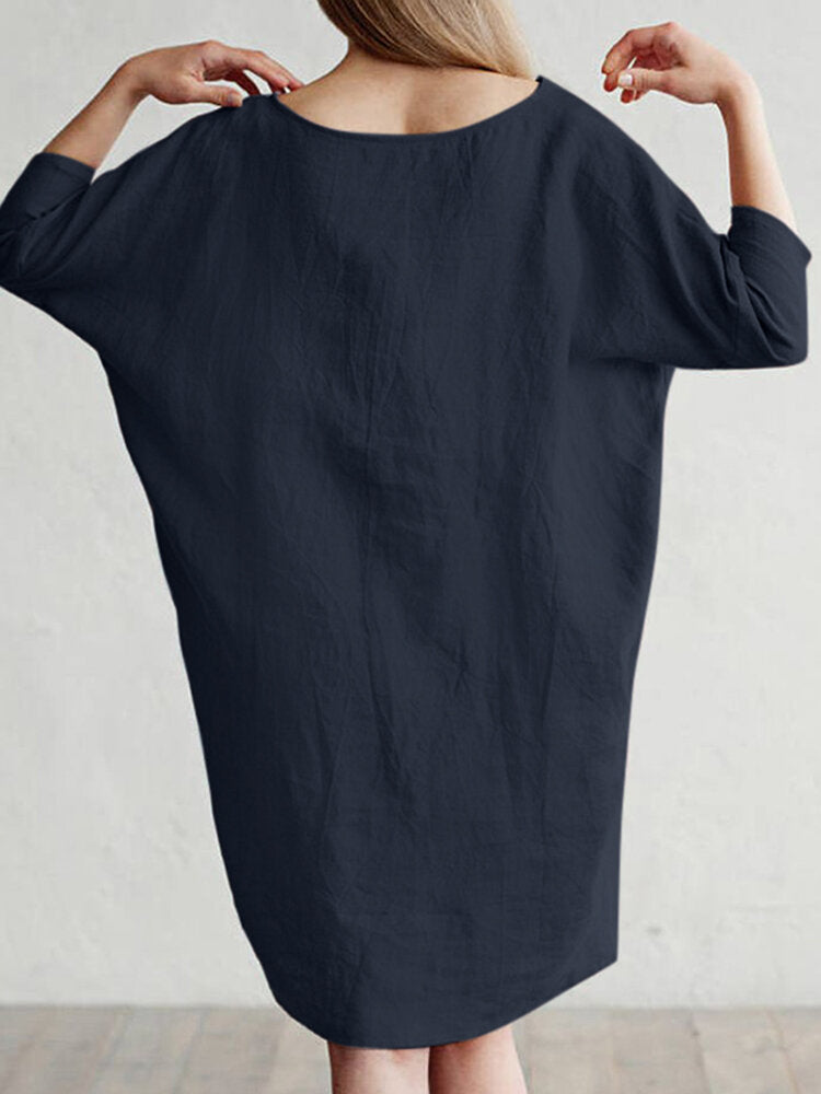 Solid Color 3/4 Sleeve O-neck Pocket Cotton Dress