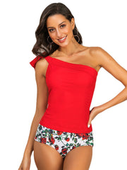 Women One Shoulder String Floral Leaf Print Tankinis Swimsuit