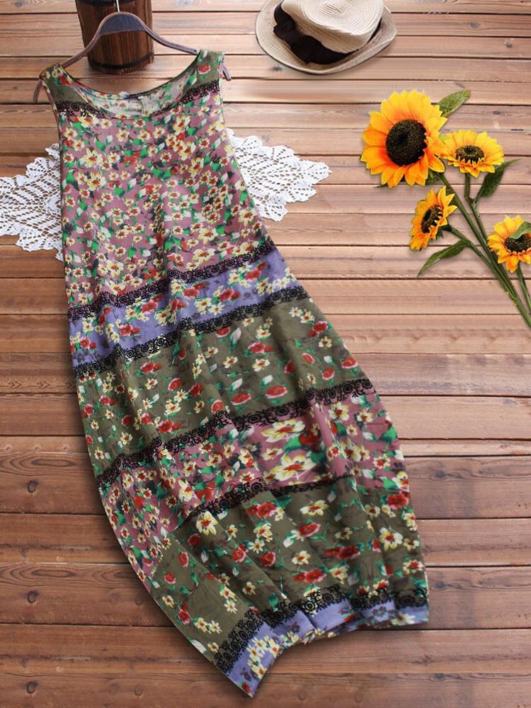 Women Sleeveless O-neck Floral Print Baggy Summer Maxi Dress