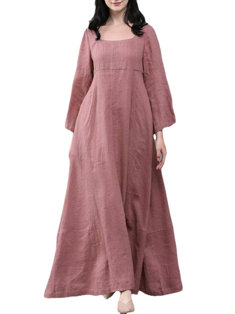 Women Solid Color Square Neck Ruffles Sleeve Zipper Loose Casual Maxi Dress