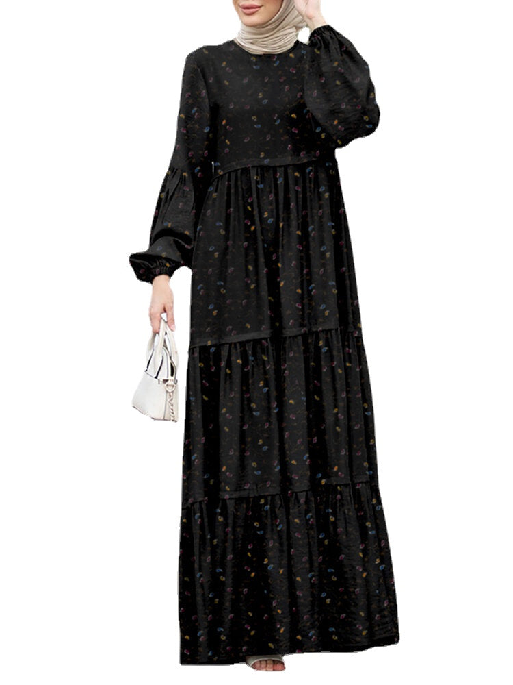 Women Floral Print Tiered Round Neck Button Back Casual Puff Sleeve Maxi Dresses