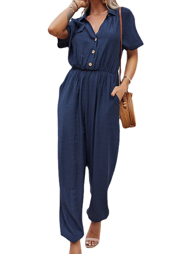Solid Color Button Pocket High Elastic Waist Loose Jumpsuit