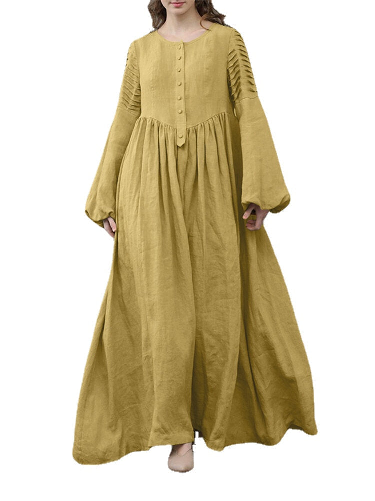 Women Cotton Puff Sleeve Pleated Round Neck Solid Color Swing Maxi Dress