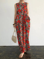 Pocket Floral Print Round Neck Sleeveless Maxi Dress